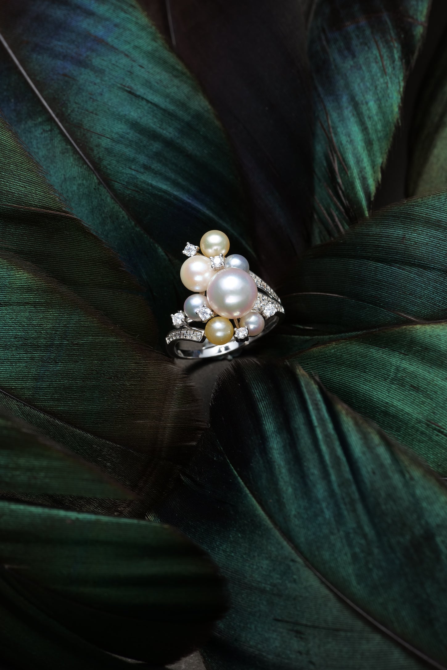 Three-Color Akoya Pearl Ring by House Of Pearls with diamond accents and pearl cluster