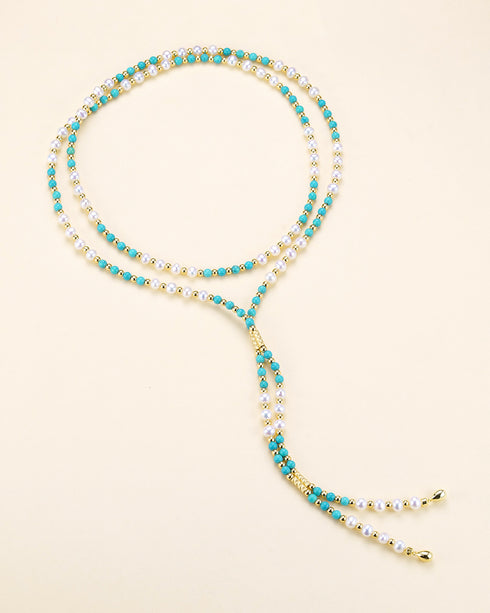 Turquoise and Pearl Beaded Long Necklace