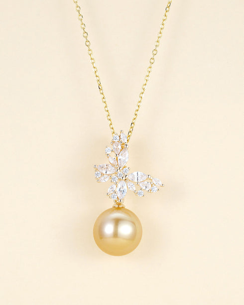 11-12mm South Sea Golden Pearl Cubic Zirconia Butterfly Pendant Necklace