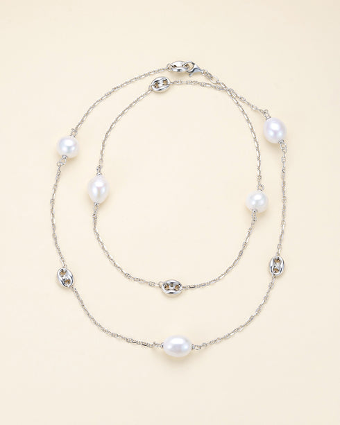 32-Inch Large Baroque Freshwater Pearl Silver Circle Links Necklace