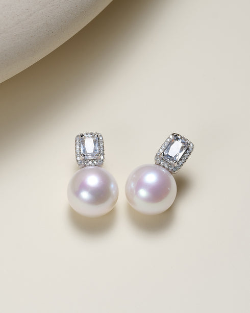 11-12mm Freshwater Pearl Rectangular Zircon Stud Earrings