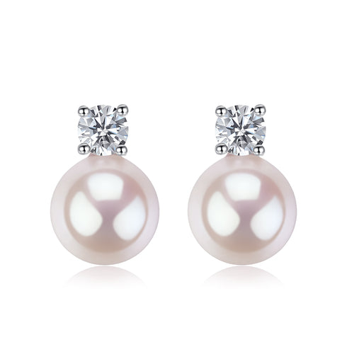 Sasha Stud Earrings pair featuring 8-9mm Akoya pearls with gleaming clear four-prong tops in silver-tone settings