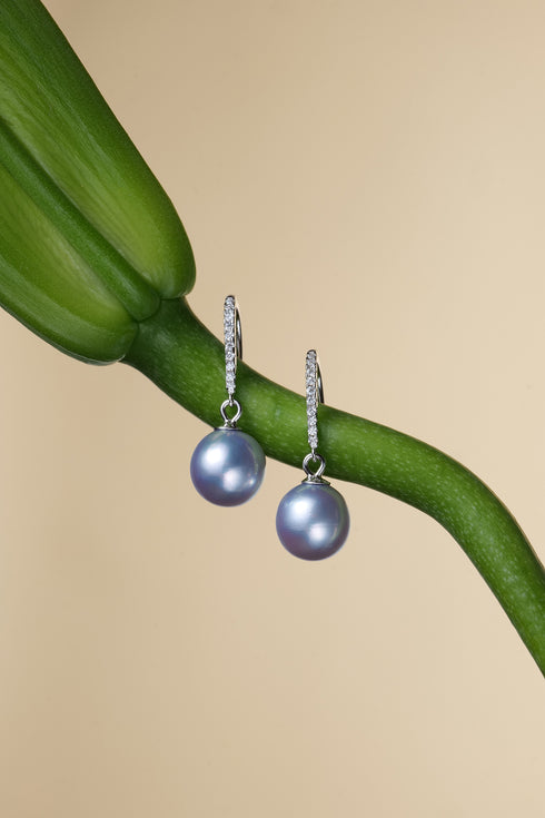 7-8mm Akoya pearl hook earrings in sterling silver with pavé diamonds and lavender pearls