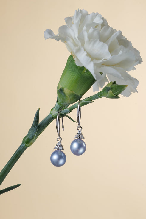 Pair of drop earrings with 7–8mm Akoya blue-grey pearls and crystal pavé accents in sterling silver