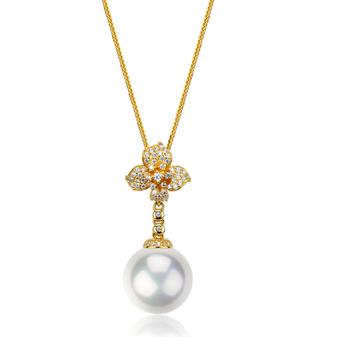 13-14mm Freshwater Pearl Blossom Glow pendant necklace with a gold-tone chain and diamond-studded flower and pearl.