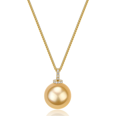 Necklace with a 12-13mm Golden South Sea milk-drop pearl pendant on a gold chain with diamond accents