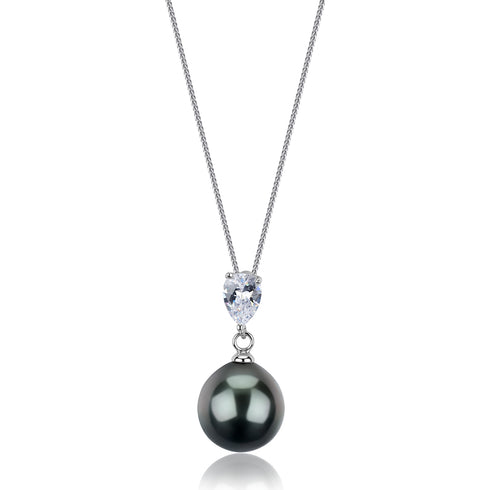 Tahitian black pearl pendant necklace with crystal accent on a twisted silver chain