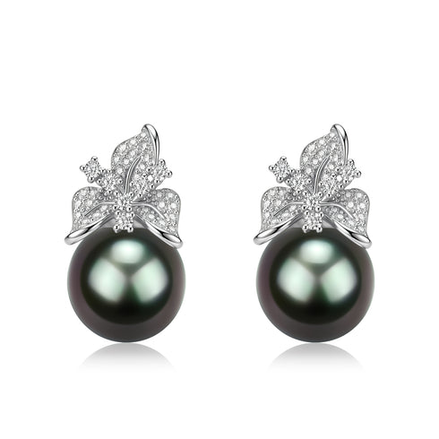 10–11mm Tahitian pearl floral leaf stud earrings in silver with pavé crystals, pair.