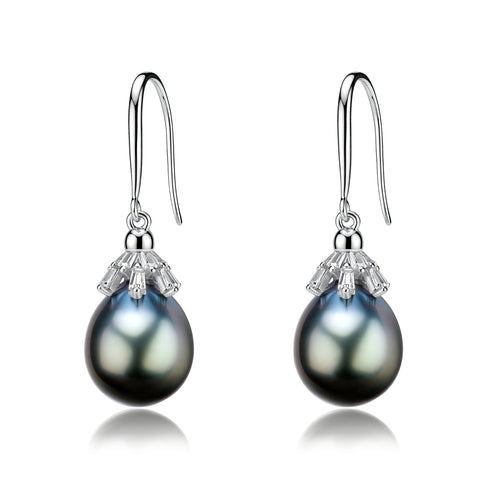 Pair of Tahitian Pearl Crown Hook Earrings, 9–10mm, silver-tone with crystal crown caps, House Of Pearls XM.