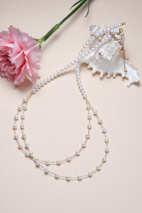 Necklace: 5–6mm freshwater pearl double-layer cascade on a gold chain, House of Pearls-JT.