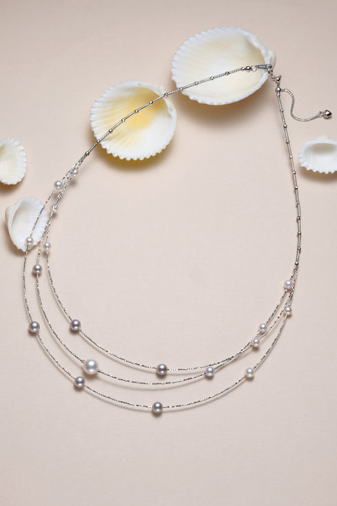 Freshwater Pearl Triple-Layer Wire Necklace, silver-tone chains with white pearls, House Of Pearls - TA