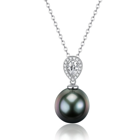 Necklace with 11–12mm Tahitian pearl heart pendant, pave diamond halo, silver chain