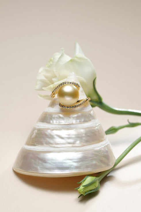 10–11mm Golden South Sea Pearl minimalist open ring, gold band with pavé diamonds
