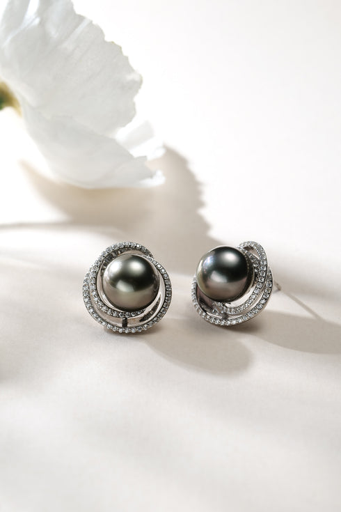 Tahitian Pearl Infinity Halo Stud Earrings – 10–11mm black Tahitian pearls with diamond halo, House Of Pearls XM