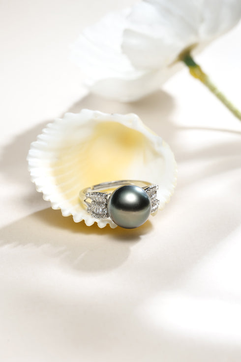 11-12mm Tahitian South Sea Pearl Sparkle Ring with diamond-accent halo on a silver band