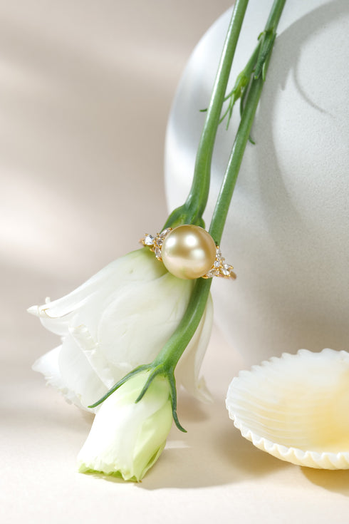 Ring: Three-leaf open design with 10–11mm Golden South Sea Pearl, gold setting with diamond accents