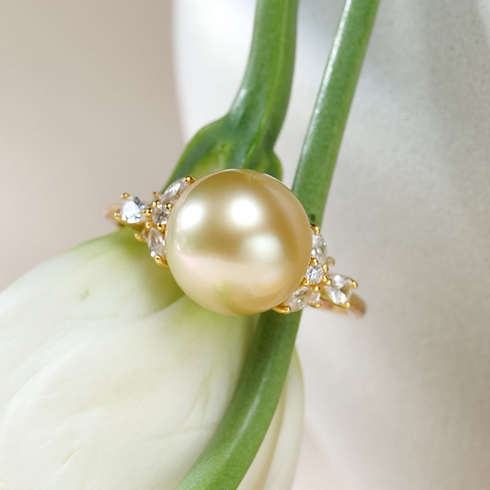 Ring: 10–11mm Golden South Sea Pearl Three-Leaf Open Ring in gold with side diamonds – House Of Pearls XM