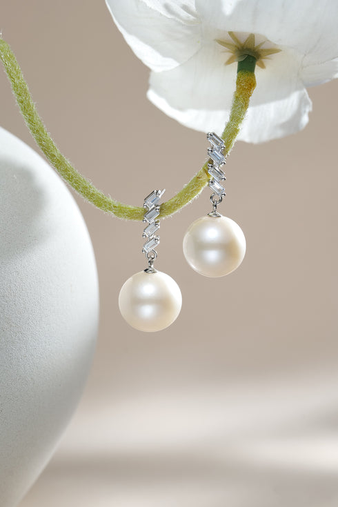 Zirconia Crown Pearl Earrings with silver setting and dangling pearl drops