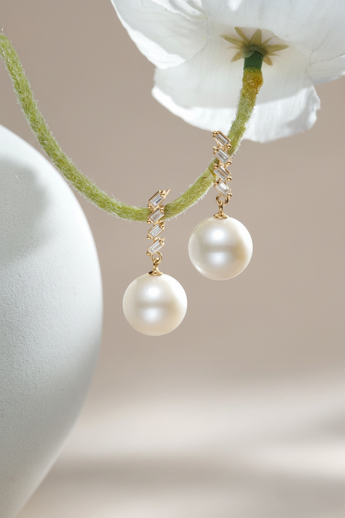 Pair of 11–12mm freshwater pearl geometric drop earrings, gold-tone setting with baguette crystals, House of Pearls-JT