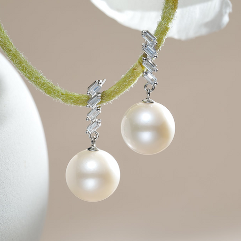Edison pearl geometric drop earrings, 11–12mm pearls with silver-tone chain and crystal baguette accents.