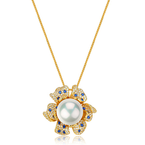 Pendant necklace with 13–14mm Edison pearl in a sapphire-halo floral setting on a gold chain by House Of Pearls - JX