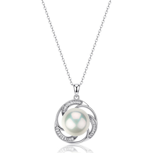 Edison Pearl Spiral Halo Pendant Necklace with 12–13mm pearl in a silver-tone setting