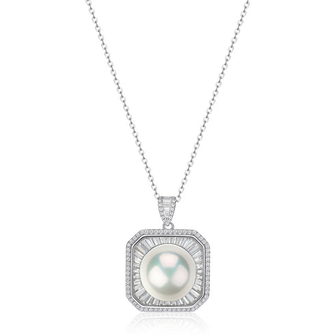 Necklace with a geometric diamond-halo pendant surrounding a 12–13mm Edison pearl.