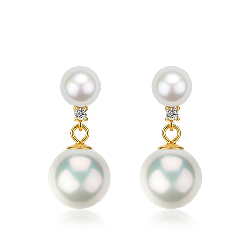 Zirconia Crown Pearl Stud Earrings, House of Pearls-JT, pair of white pearl studs with gold-tone settings and clear stones