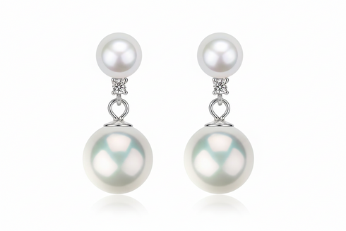 Pearl drop earrings with zirconia crown accents, white pearls, pair