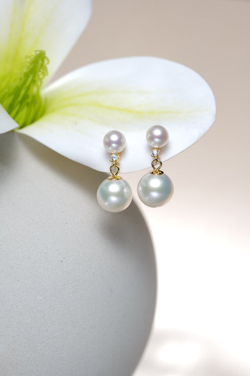 Earrings: Zirconia Crown Pearl Stud Earrings with gold-tone drops, two pearls, 2 pcs