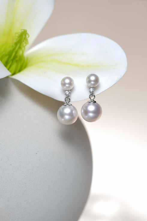 Zirconia Crown Pearl Stud Earrings with double white pearls on silver-tone settings