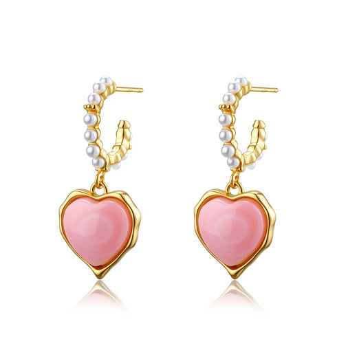 Princess Oval Pink Queen Conch Shell Earrings, gold-tone hoops with pearl beads, House Of Pearls - LXP (pair)