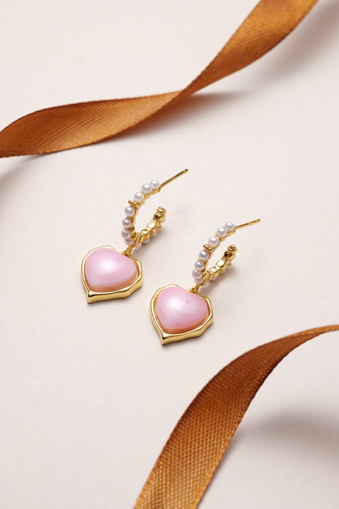 Earrings, Princess Oval Pink Queen Conch Shell with gold setting and pearl hoops, House Of Pearls - LXP, 2 pcs