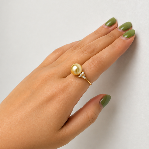 Ring, 10–11mm Golden South Sea pearl, three-leaf open design, House Of Pearls XM
