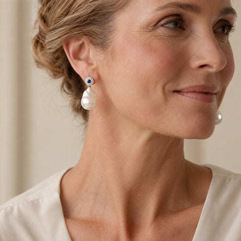Sapphire White Freshwater Baroque Pearl Earrings, pair with blue center stud and drop pearls, House Of Pearls