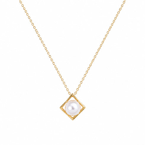 7-8mm Freshwater Sicily Pendant Necklace by House of Pearls-JT, gold-tone chain with square frame and pearl pendant