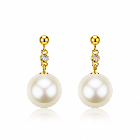 Earrings, 11–12mm freshwater pearl drop with gold-tone setting and zirconia accents (pair)