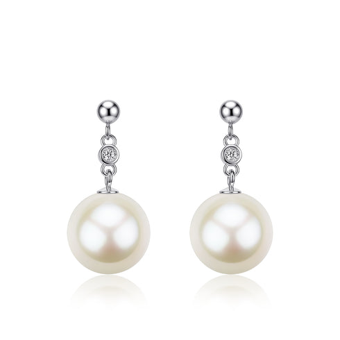 Earrings, 11–12mm freshwater pearl drop with double CZ accents on silver-tone chains (pair)