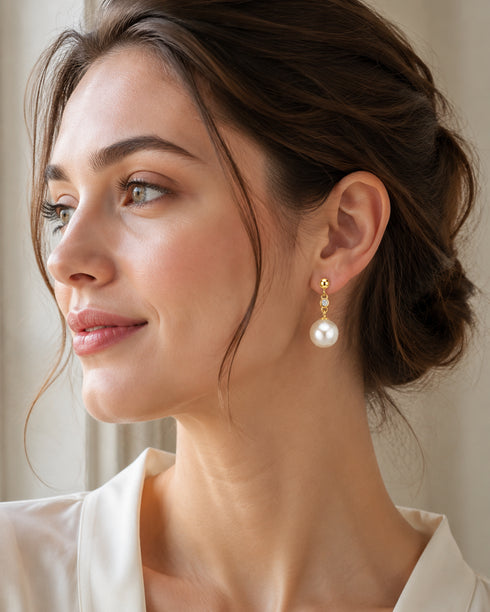 11–12mm freshwater pearl solitaire zirconia drop earrings, gold-tone metal, House Of Pearls - JX