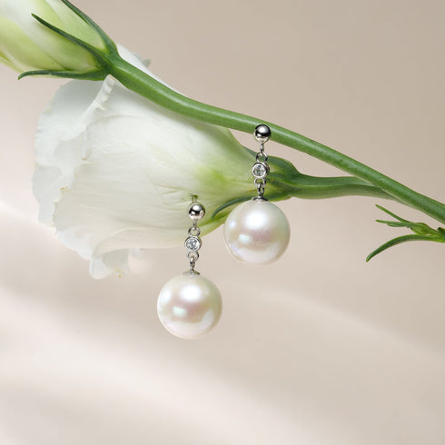 11–12mm freshwater pearl double CZ drop earrings by House Of Pearls - JX on a silver chain