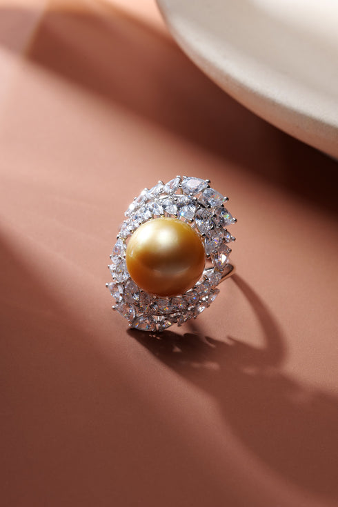12-13mm Golden South Sea Pearl Statement Ring with crystal halo, House of Pearls - MZ