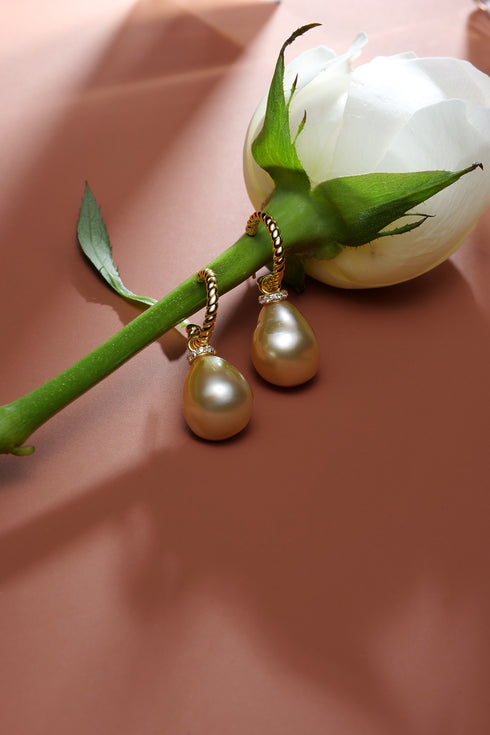 Earrings: House Of Pearls LC Golden South Sea Baroque pearl twisted hoop drops, 11–12mm, set of 2