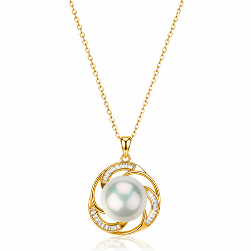 12–13mm Edison Pearl Spiral Halo Pendant Necklace on a gold chain