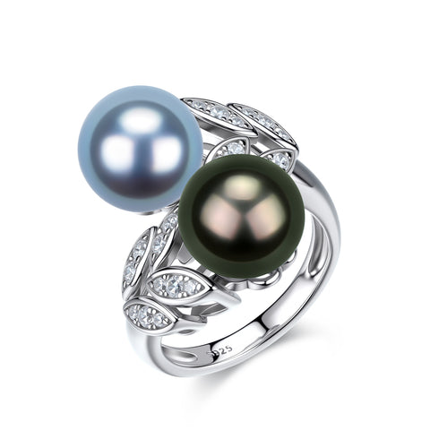 7-8mm Silver Blue Akoya and Tahiti Pearl Ring