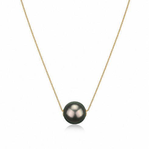 Tahitian Pearl Floating Pendant Necklace on a delicate gold chain, featuring a single dark Tahitian pearl centerpiece.