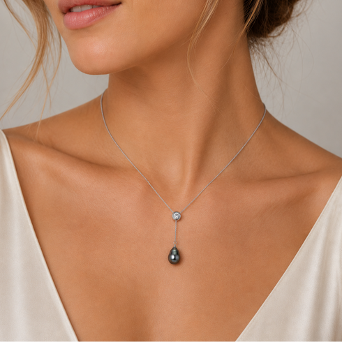 Tahitian Baroque Pearl Y Pendant Necklace by House Of Pearls - TA, silver chain with crystal accent and dark drop pearl.