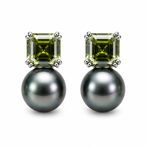 Pair of earrings, Oliver Green square-cut stones with silver prongs and Tahitian pearl drops; House Of Pearls - TA