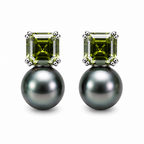 10-11mm Tahitian Pearl Olivine Green Cube Earrings