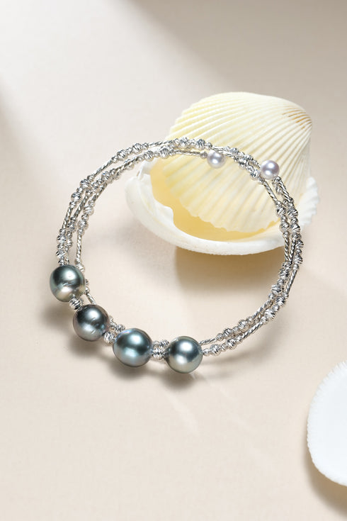 3-9mm Tahitian Pearl Bracelet with silver-toned twisted bead chain