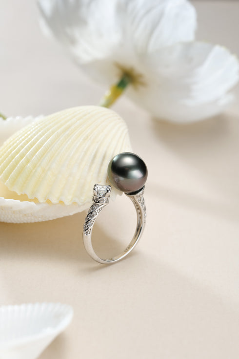 Two silver Tahitian pearl diamond open rings with diamond-accent bands, House Of Pearls -TA